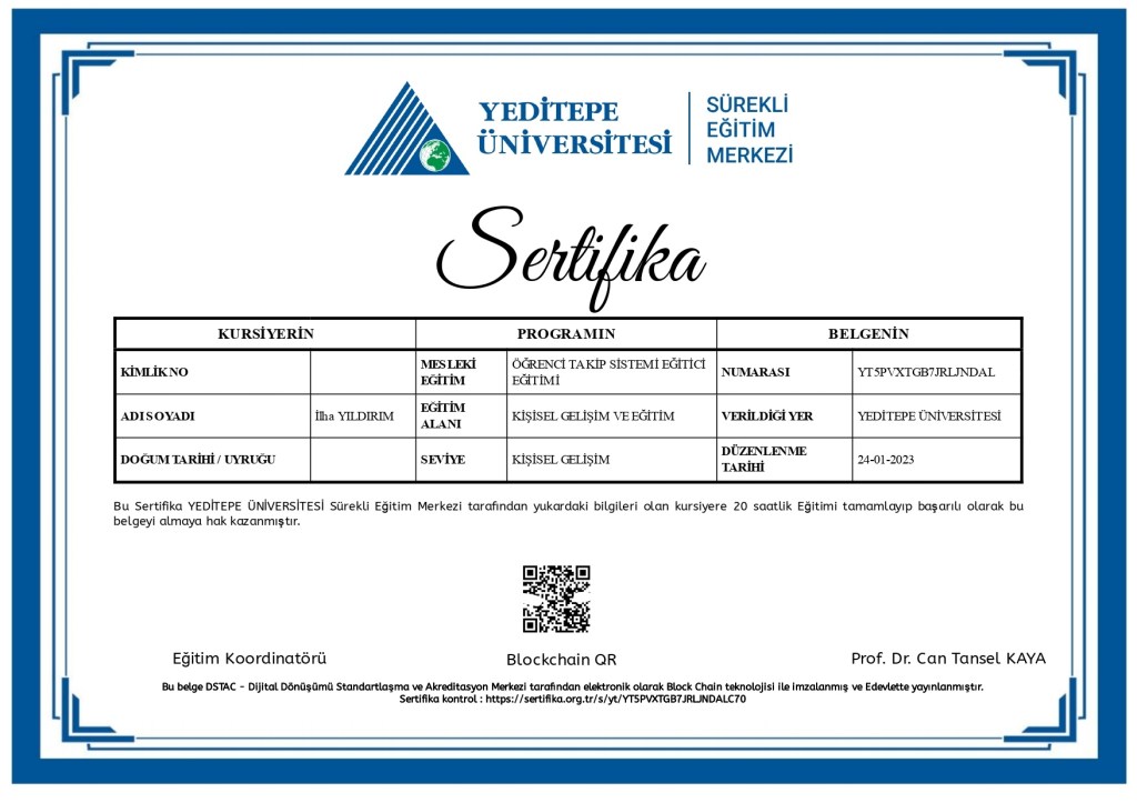 Öğrenci takip sistemi sertifikası