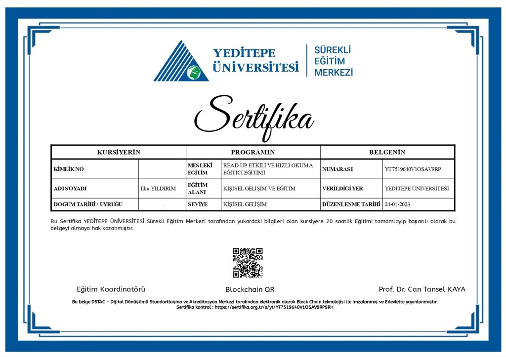ReadUp Yeditepe sertifikası